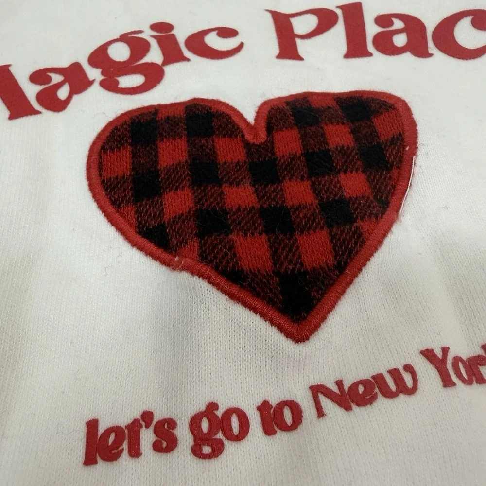 New-Zara Kids 18M Sweatshirt White Heart New York Graphic Crewneck Gingham Magic